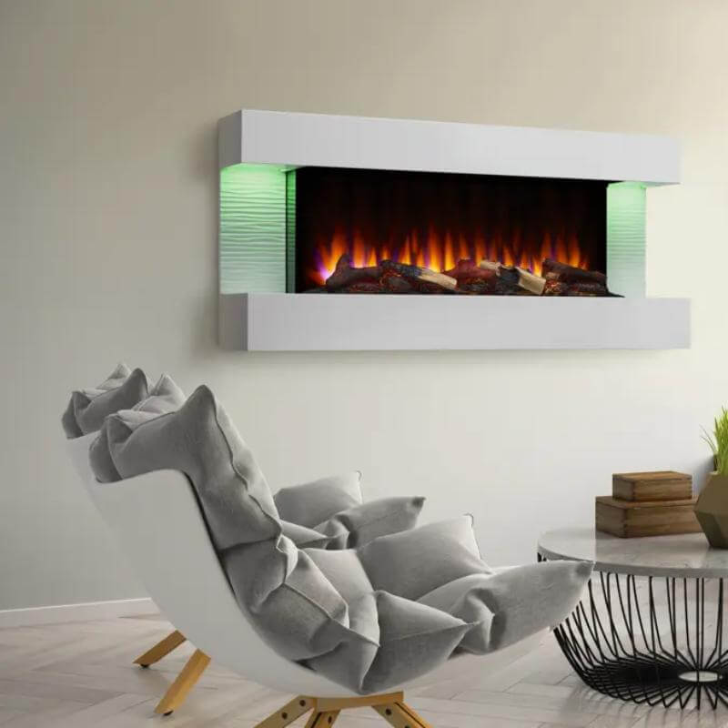 SimpliFire Format Wall-Mounted Electric Fireplace - A contemporary fireplace installed on the wall in a living room with comfortable chair.