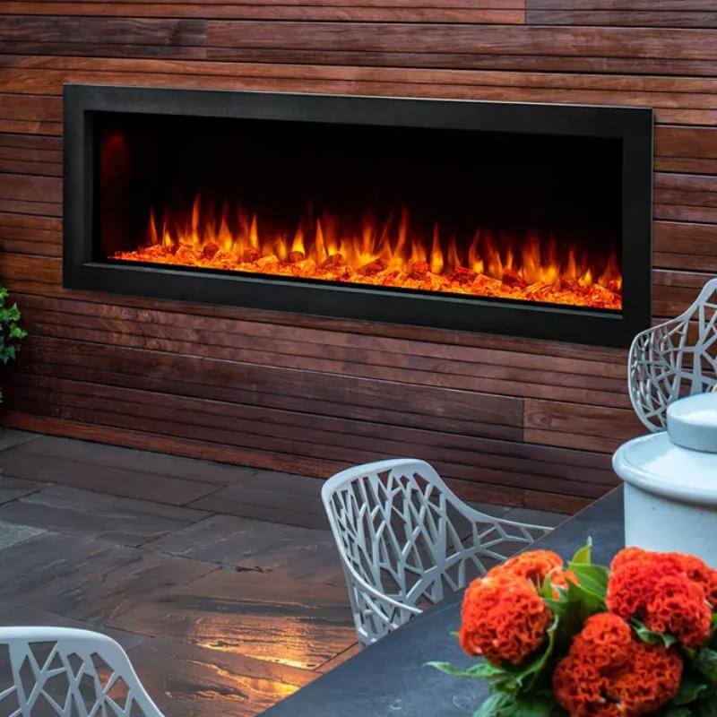 SimpliFire Forum Outdoor Electric Fireplace - An inviting fireplace accompanied by a table and chairs.