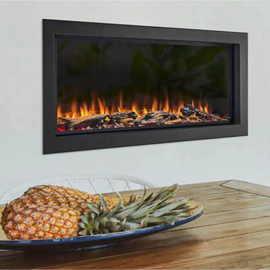SimpliFire Forum Outdoor Electric Fireplace - A sleek electric fireplace complemented by decorative pineapples on the adjacent table.