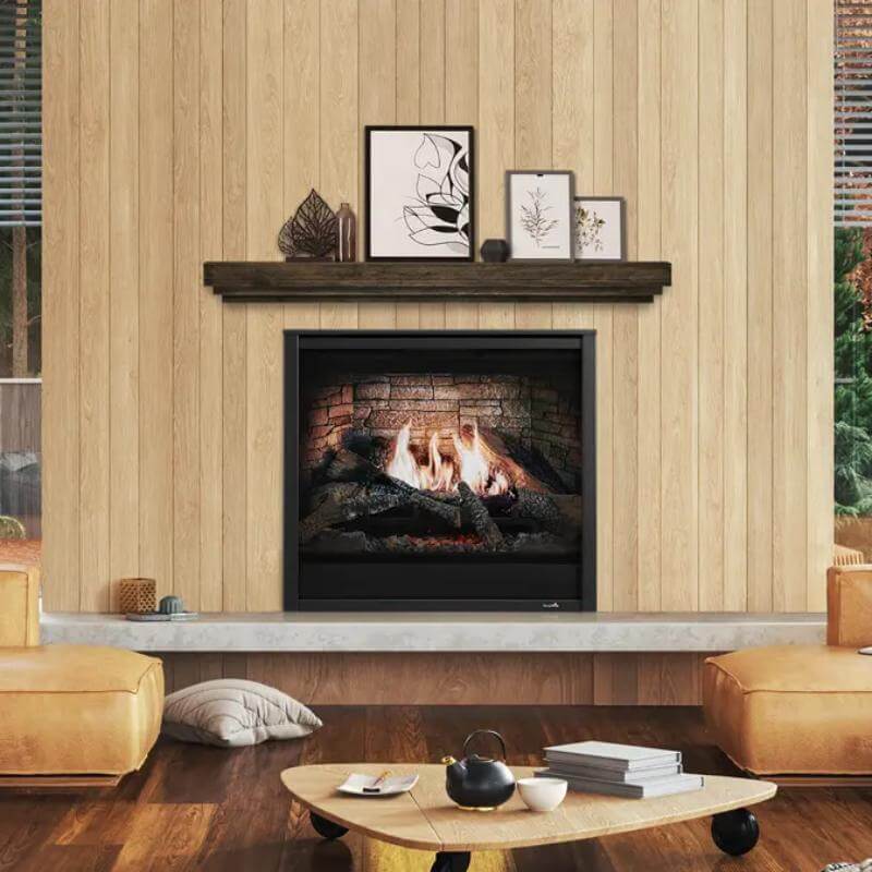 SimpliFire Inception Built-In Electric Fireplace - A living room with elegant wood paneling and a charming fireplace.
