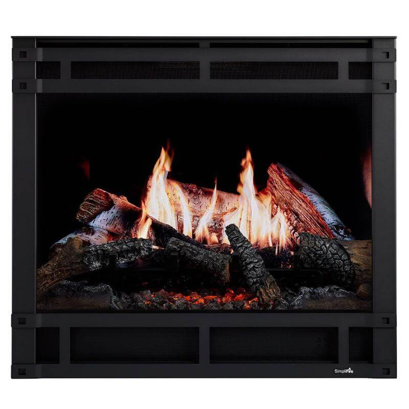 SimpliFire Front For Inception Built-In Electric Fireplace - A charming fireplace adorned with logs and flickering flames.