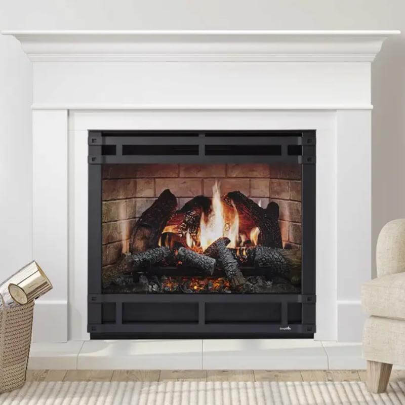 SimpliFire Inception Built-In Electric Fireplace - A charming fireplace featuring a white mantle, accompanied by a stylish chair.