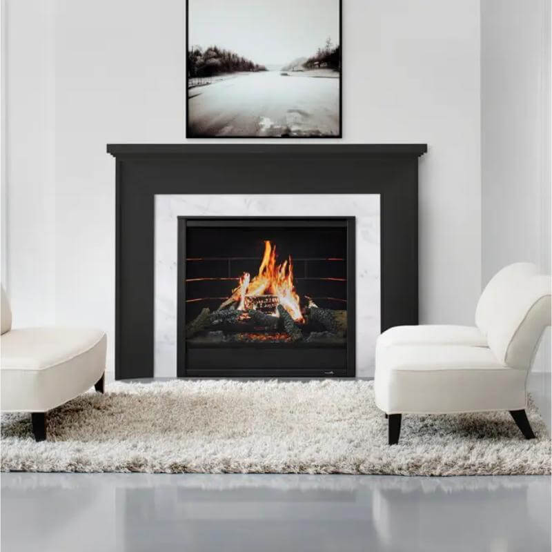 SimpliFire Inception Built-In Electric Fireplace - A white-mantled fireplace with a pair of chairs.