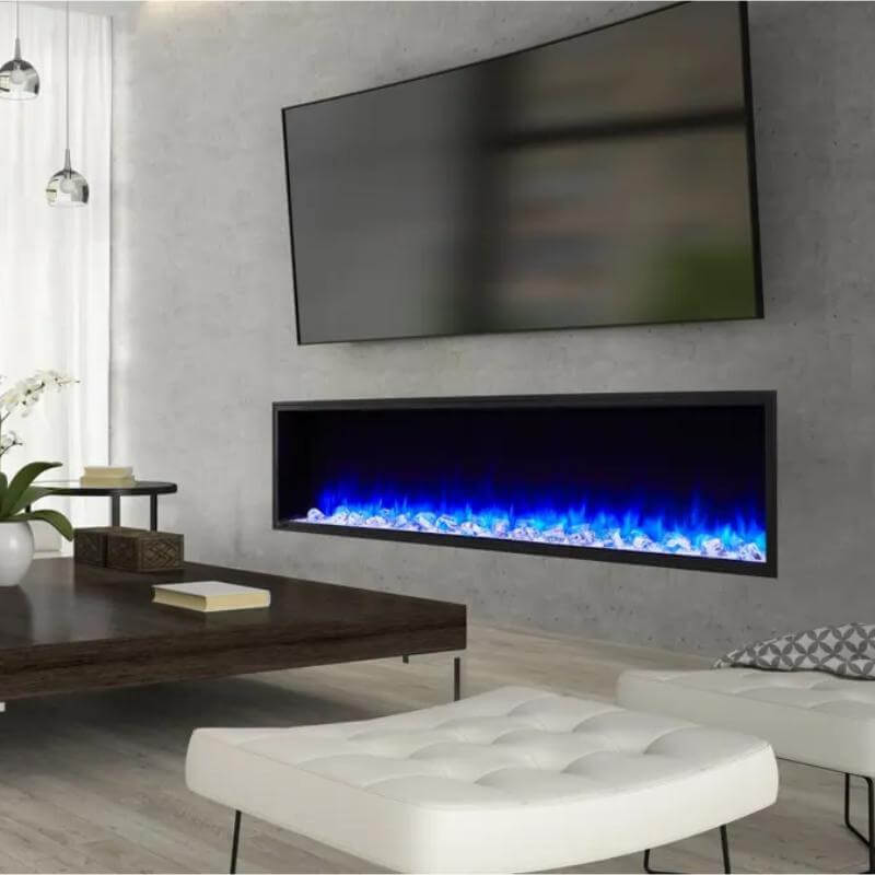 SimpliFire Scion Built-In Electric Fireplace - A modern living room with a fireplace and a huge flat-screen TV.