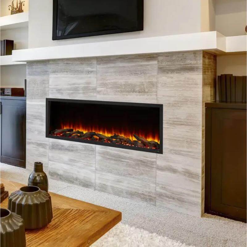 SimpliFire Scion Built-In Electric Fireplace - A sleek modern fireplace with a flat-screen television mounted above it.