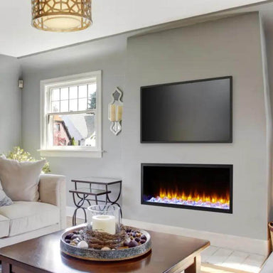 SimpliFire Scion Built-In Electric Fireplace - A stylish living room showcasing a fireplace alongside a flat-screen TV.