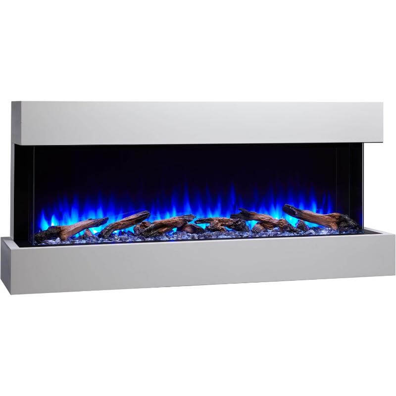 SimpliFire Floating Mantel Kit for Simplifire Scion Electric Fireplace - A sleek modern electric fireplace featuring vibrant blue flames in white background.
