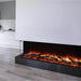 SimpliFire Scion Trinity Built-In Electric Fireplace - A stylish electric fireplace with burning logs is featured in a modern kitchen.