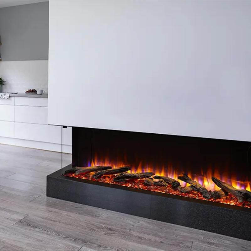 SimpliFire Scion Trinity Built-In Electric Fireplace - A stylish electric fireplace with burning logs is featured in a modern kitchen.