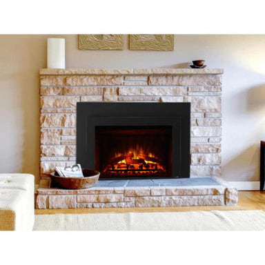 SimpliFire Surround For SimpliFire Electric Fireplace Insert - A cozy fireplace featuring a rustic stone surround in a living room.