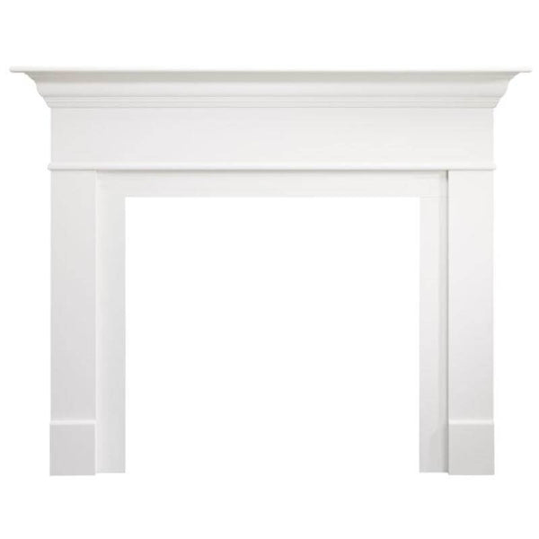 SimpliFire Wescott Mantel Kit For Inception Built-In Electric Fireplace - A pristine white fireplace mantle adorned with white trim.