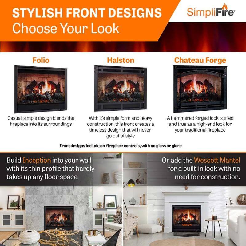 SimpliFire Wescott Mantel Kit For Inception Built-In Electric Fireplace - A visually appealing advertisement displaying a fireplace.