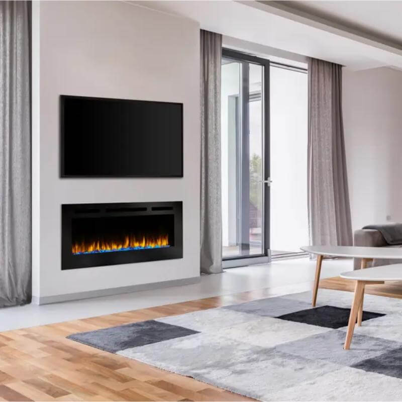 SimpliFire Allusion Wall-Mounted Electric Fireplace - A contemporary living room featuring a cozy fireplace and a sleek television.