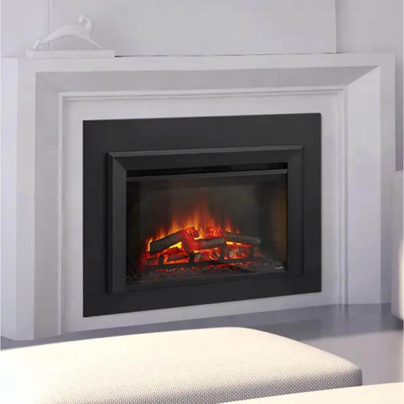 SimpliFire Electric Insert Fireplace - A modern fireplace design showcasing a crisp white mantle paired with a striking black firebox.