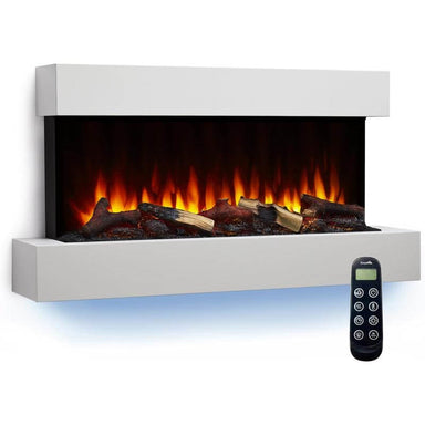 SimpliFire Floating Mantel Kit for Simplifire Format Electric Fireplace - A remote control positioned next to a fireplace in white background.