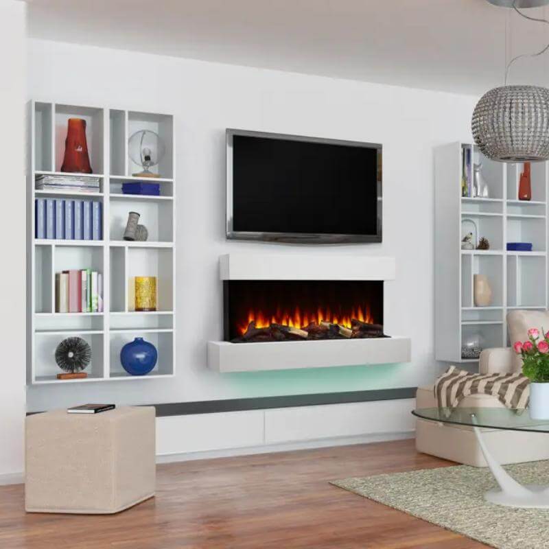 SimpliFire Format Wall-Mounted Electric Fireplace - A contemporary living room featuring a cozy fireplace and a sleek television.