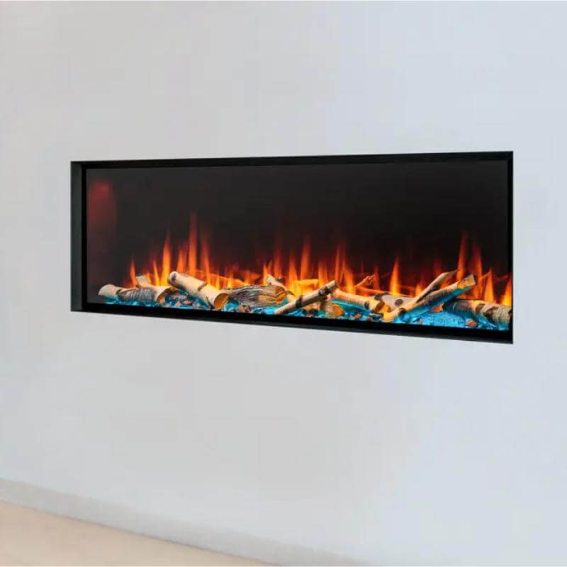 SimpliFire Forum Outdoor Electric Fireplace - A sleek modern electric fireplace elegantly mounted on the wall.