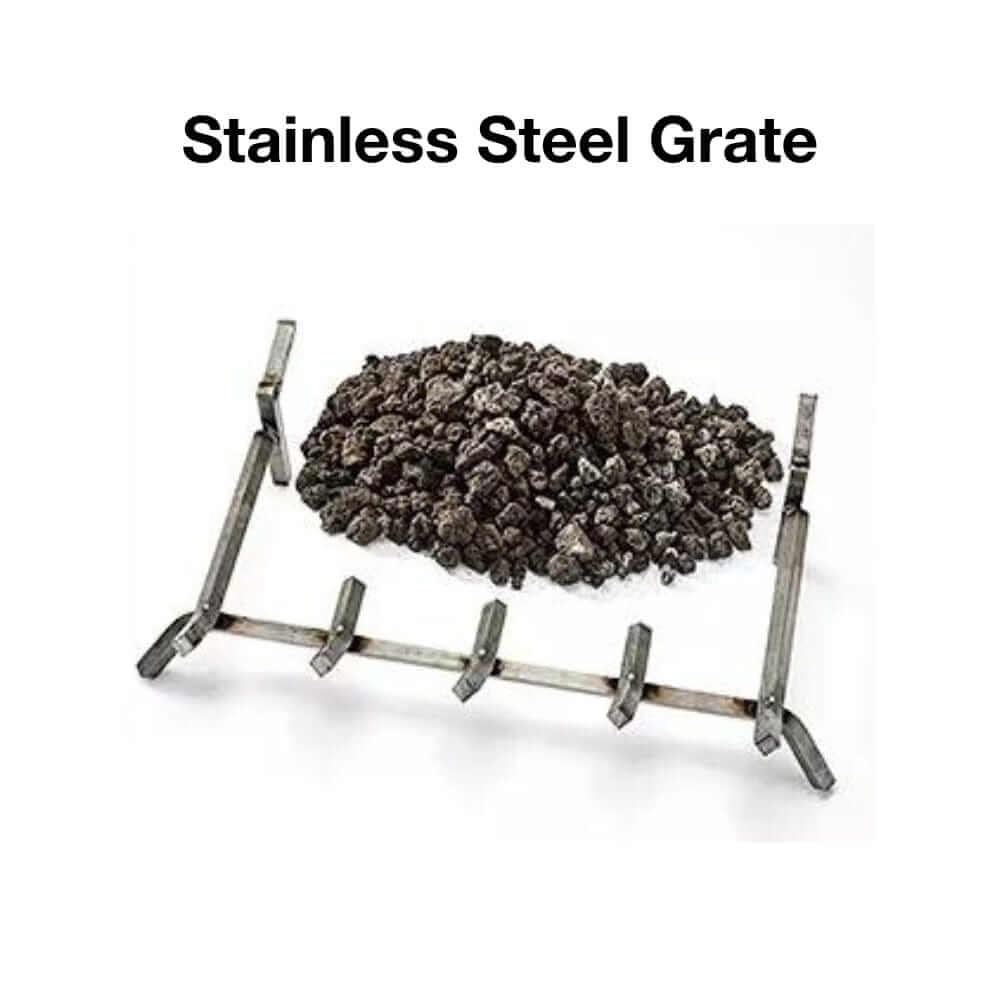 Stainless steel grate with volcanic rock for outdoor gas fireplaces and fire pits.