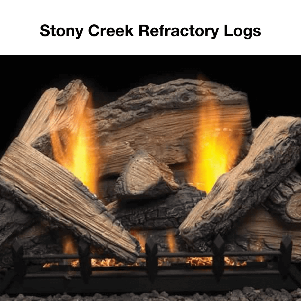 Stony Creek refractory logs glowing in a gas fireplace, enhancing the outdoor ambiance.