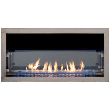 Modern linear gas fireplace with flames, ideal for outdoor patios and designed for luxury and durability.