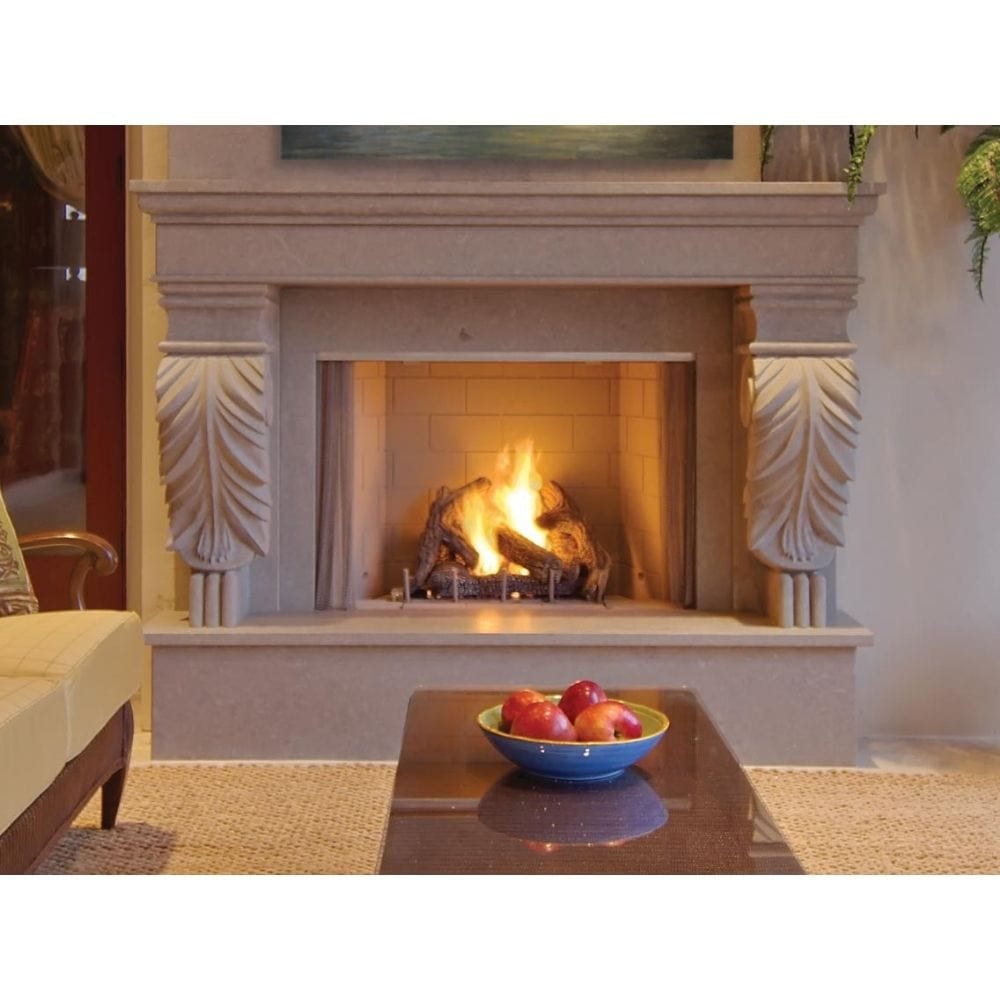 Cozy indoor fireplace with decorative mantel and flames, enhancing the warm ambiance of the living space.