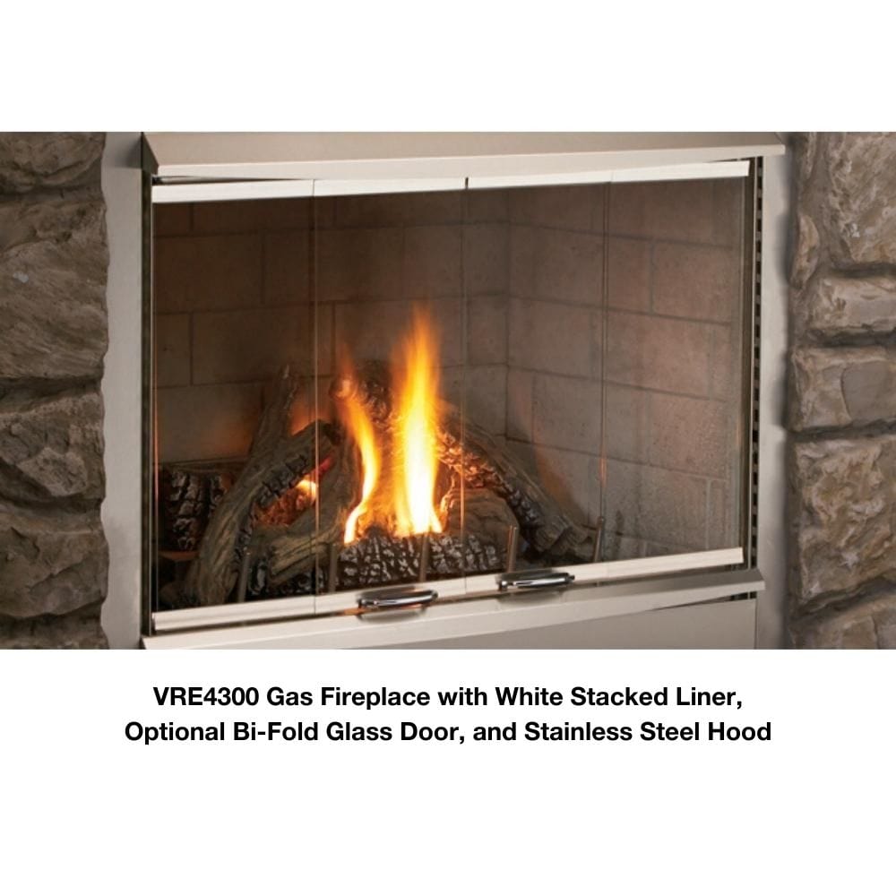 VRE4300 gas fireplace featuring a white stacked liner, bi-fold glass door, and stainless steel hood for stylish outdoor warmth.