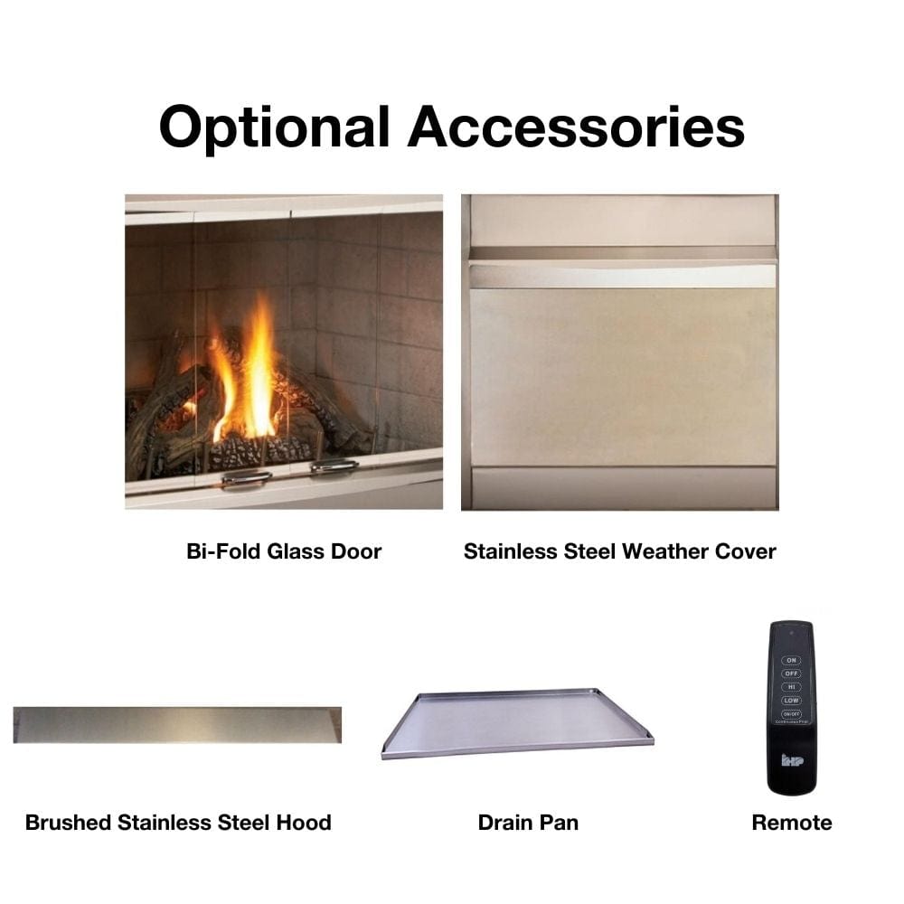 Optional accessories for the Superior VRE4300 outdoor gas fireplace including bi-fold glass door, weather cover, hood, drain pan, and remote.