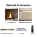 Optional accessories for the Superior VRE4300 outdoor gas fireplace including bi-fold glass door, weather cover, hood, drain pan, and remote.
