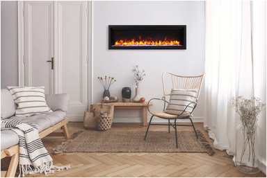 Amantii Symmetry Lumina Electric Fireplace - Modern living room with electric fireplace, sofa, and chair.