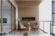 Amantii Symmetry Lumina Electric Fireplace - Modern living room with wooden wall paneling, chairs, and a fireplace.