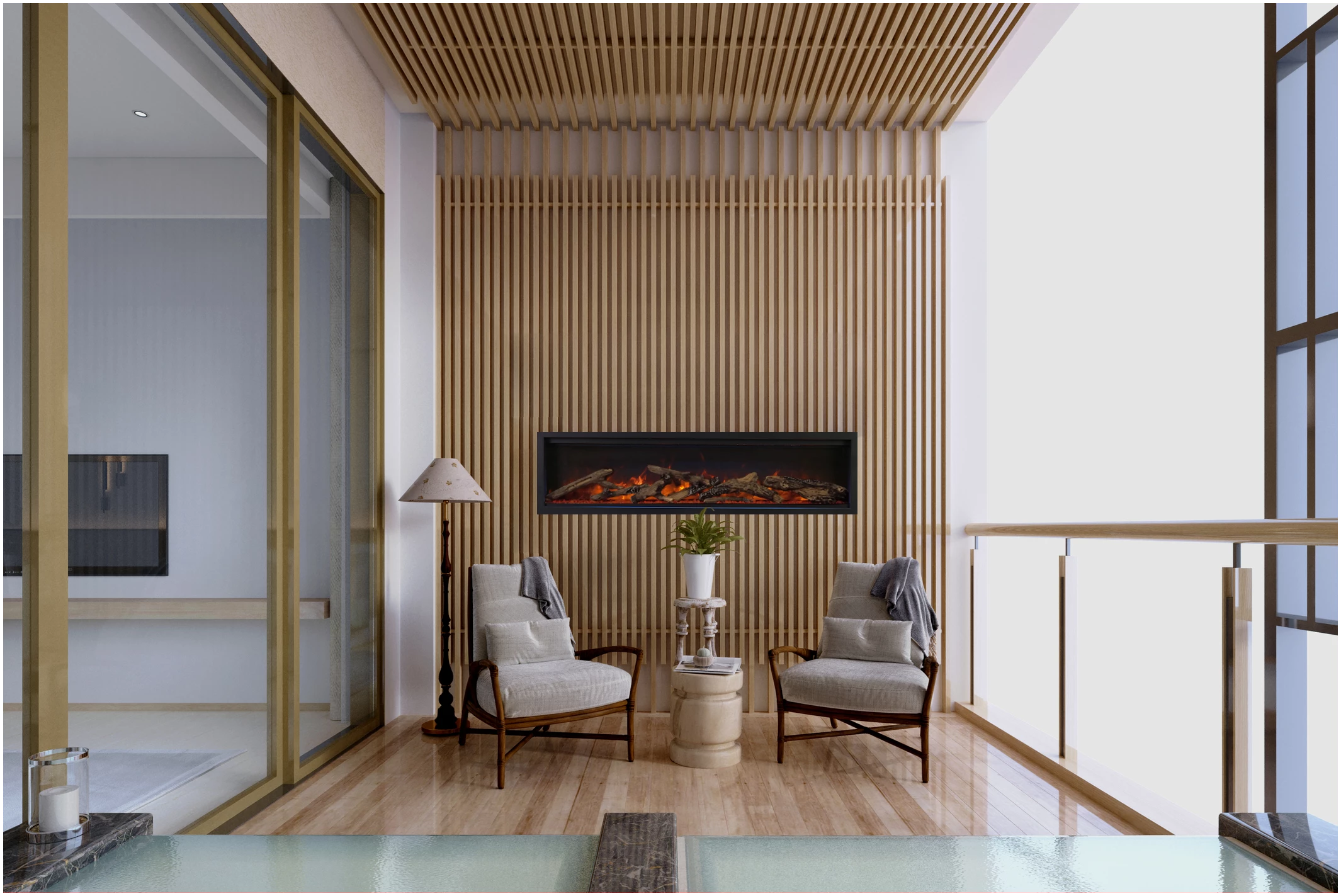 Amantii Symmetry Lumina Electric Fireplace - Modern living room with wooden wall paneling, chairs, and a fireplace.