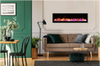 Amantii Symmetry Lumina Electric Fireplace - Modern living room with a fireplace, sofa, and dining area.