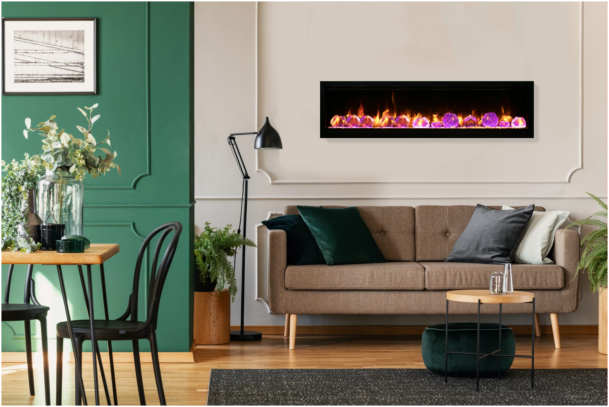 Amantii Symmetry Lumina Electric Fireplace - Modern living room with a fireplace, sofa, and dining area.