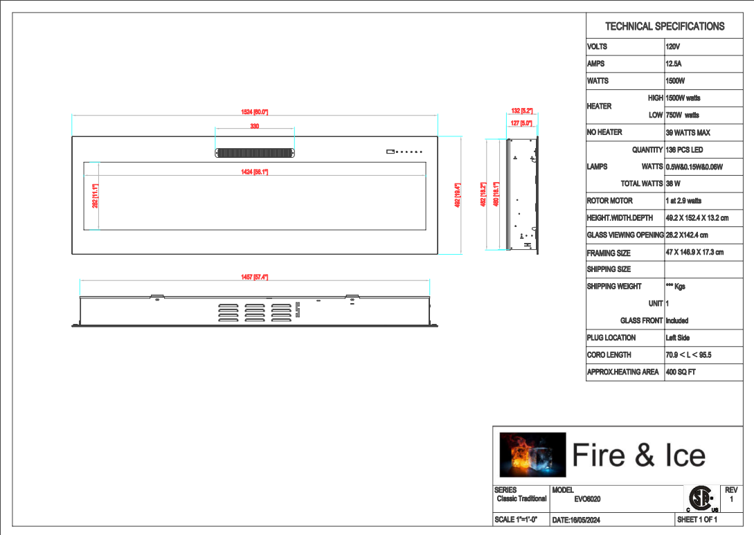 Evolution 60″ WiFi Enabled Wall Mounted Electric Fireplace - technical specifications