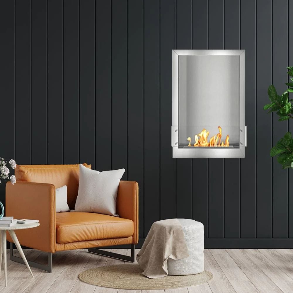 The Bio Flame 24-Inch Smart Firebox SS Built-in Ethanol Fireplace - A sleek modern living room featuring a cozy fireplace and a stylish chair