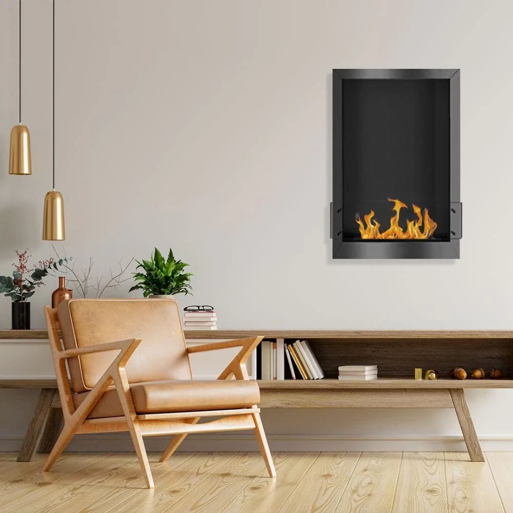 The Bio Flame 24-Inch Smart Firebox SS Built-in Ethanol Fireplace - A stylish modern fireplace mounted on a black wall