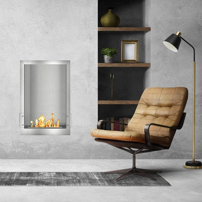 The Bio Flame 24-Inch Smart Firebox SS Built-in Ethanol Fireplace - A contemporary living room with a chic chair and a crackling fireplace