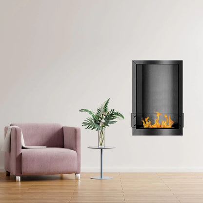 The Bio Flame 24-Inch Smart Firebox SS Built-in Ethanol Fireplace - A stylish modern fireplace with a cozy pink chair