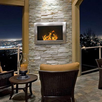 Fiorenzo 33" Built-in/Wall Mounted Ethanol Fireplace - Cozy patio fireplace surrounded by chairs