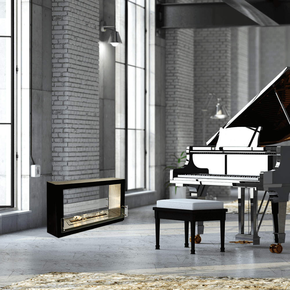 The Bio Flame Sek XL 53-Inch Free Standing See-Through Ethanol Fireplace - A grand piano elegantly positioned in a cozy room with a fireplace