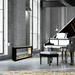 The Bio Flame Sek XL 53-Inch Free Standing See-Through Ethanol Fireplace - A grand piano elegantly positioned in a cozy room with a fireplace