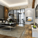 The Bio Flame Sek XL 53-Inch Free Standing See-Through Ethanol Fireplace - A sleek modern living room featuring wooden floors and stylish contemporary furniture