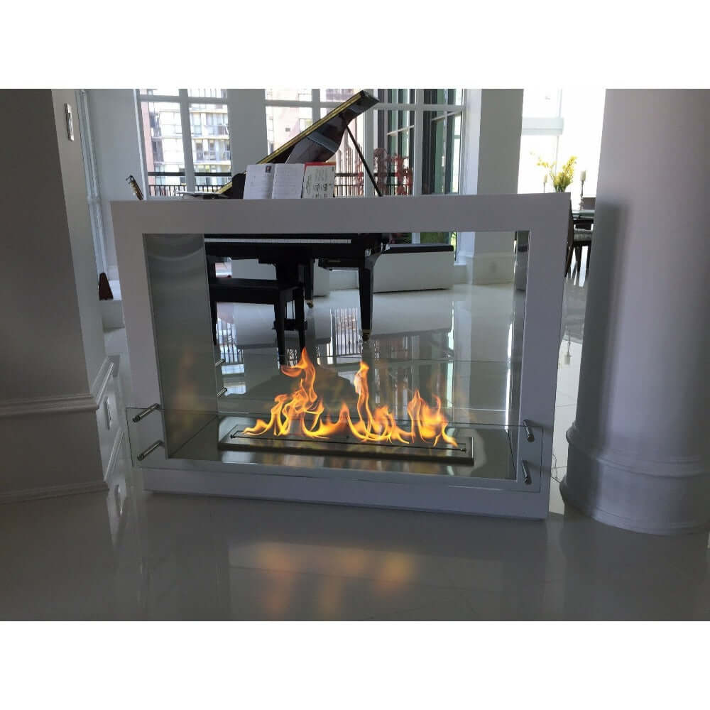 The Bio Flame Sek XL 53-Inch Free Standing See-Through Ethanol Fireplace - A stylish modern fireplace featuring a piano in the background