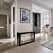 The Bio Flame Sek XL 53-Inch Free Standing See-Through Ethanol Fireplace - A cozy living room featuring a warm fireplace and an elegant dining table