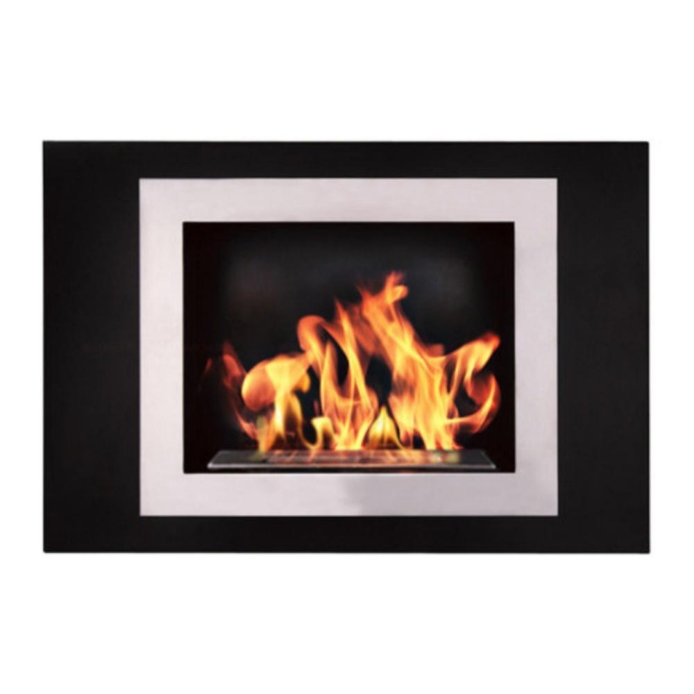 Fiorenzo 33" Built-in/Wall Mounted Ethanol Fireplace - A cozy black fireplace crackles with vibrant flames on a white background