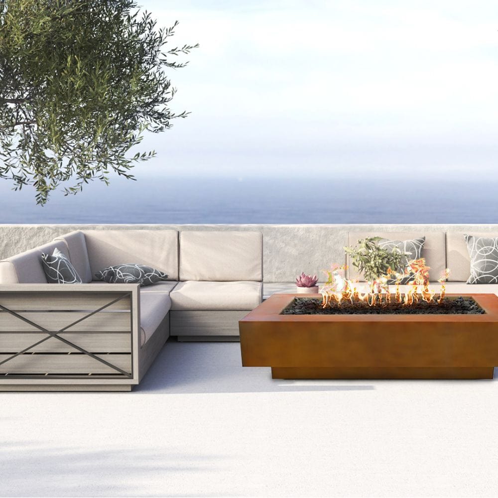 Outdoor Plus Coronado 15-Inch Tall Rectangular Corten Steel Gas Fire Pit - Match Lit