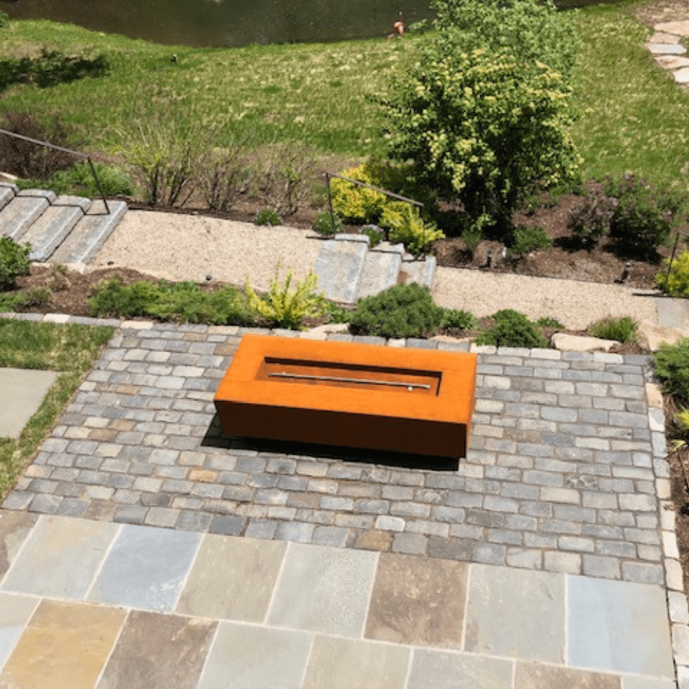 Outdoor Plus Coronado 15-Inch Tall Rectangular Corten Steel Gas Fire Pit - Match Lit