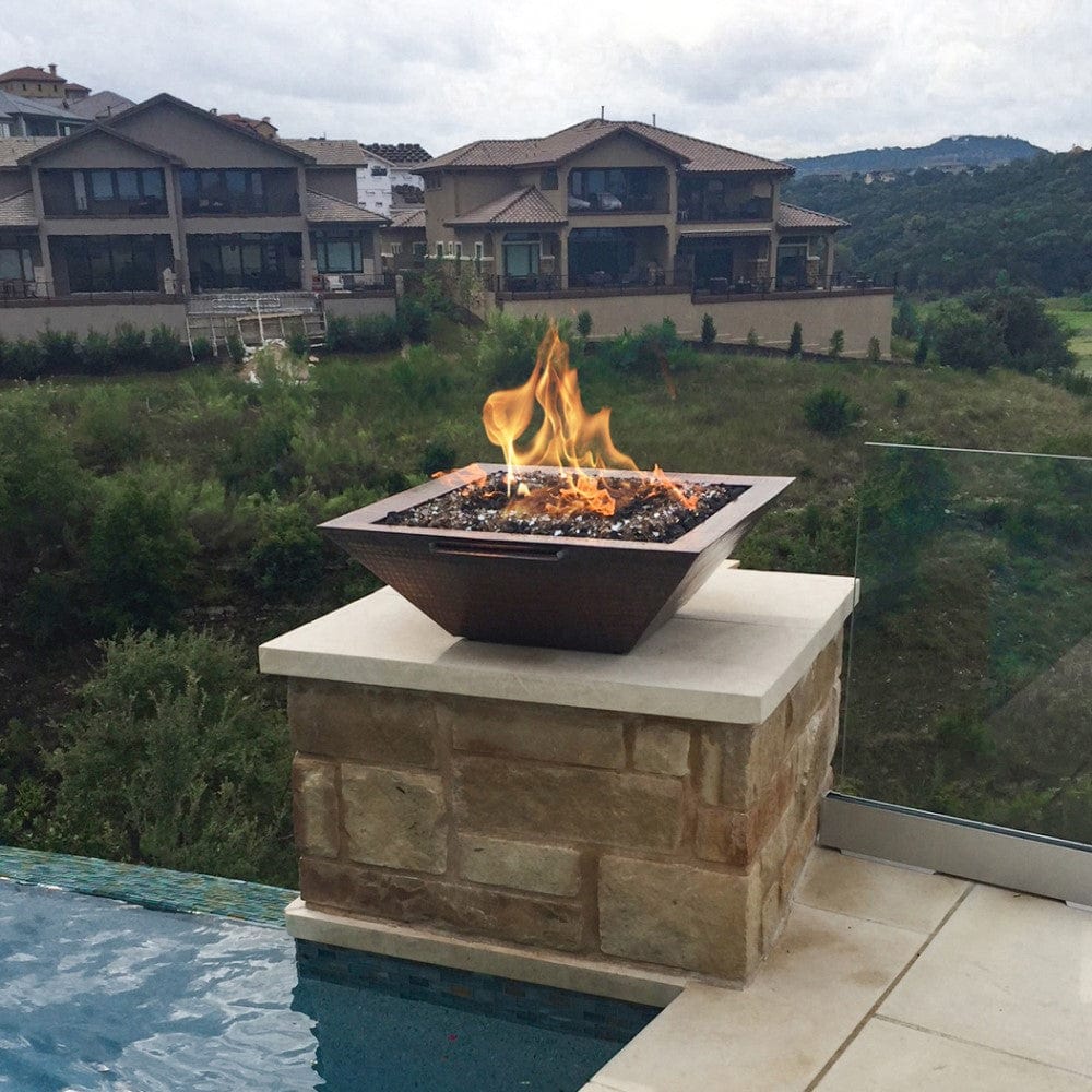 Outdoor Plus Maya 24-Inch Square Hammered Copper Gas Fire and Water Bowl - Electronic (OPT-24SCFWE12V)