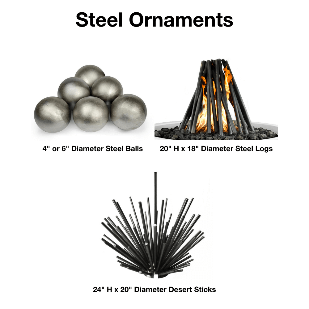 Outdoor Plus Olympian 60" 4-Way Copper Gas Fire and Water Bowl - Match Lit (OPT-OLS60S) - Steel ornaments including steel balls, logs, and desert sticks with measurements on a white background.