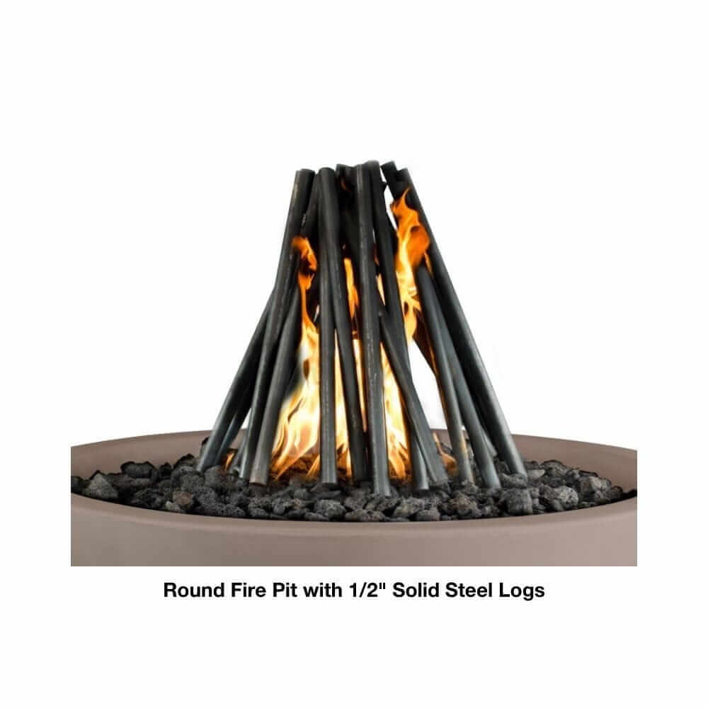 Outdoor Plus Olympian 60" 4-Way Copper Gas Fire and Water Bowl - Match Lit (OPT-OLS60S) - Round fire pit with 1/2 inch solid steel logs on a white background